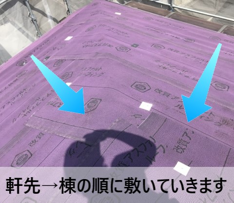 ルーフィングを敷く順番　軒先から棟に向かって順に敷いていきます